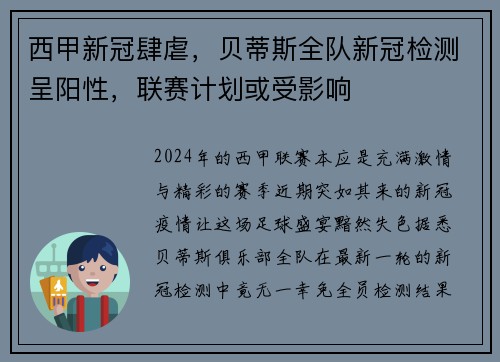 西甲新冠肆虐，贝蒂斯全队新冠检测呈阳性，联赛计划或受影响