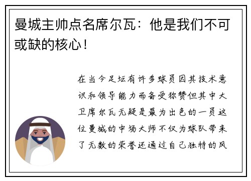 曼城主帅点名席尔瓦：他是我们不可或缺的核心！