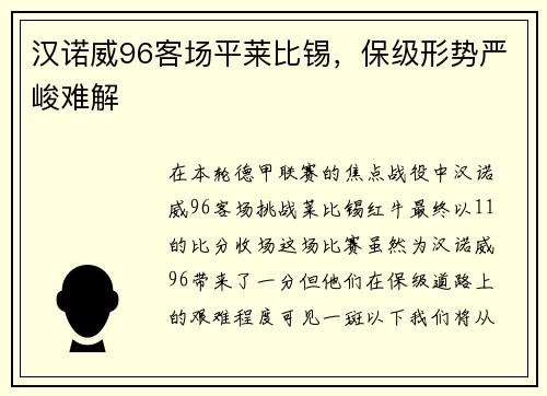 汉诺威96客场平莱比锡，保级形势严峻难解