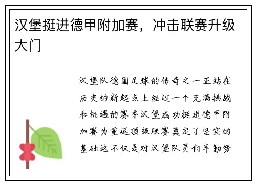 汉堡挺进德甲附加赛，冲击联赛升级大门
