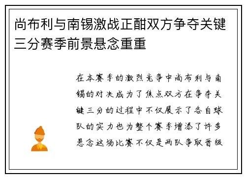 尚布利与南锡激战正酣双方争夺关键三分赛季前景悬念重重