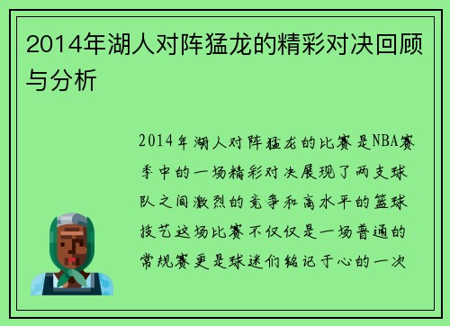 2014年湖人对阵猛龙的精彩对决回顾与分析
