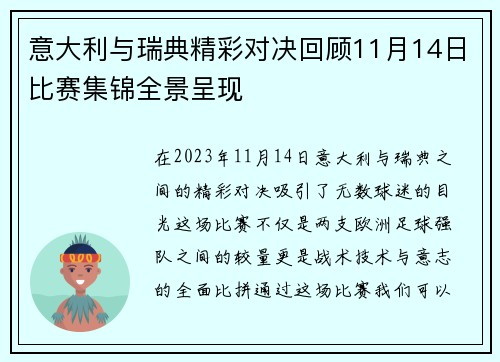 意大利与瑞典精彩对决回顾11月14日比赛集锦全景呈现