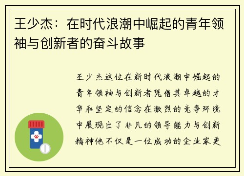王少杰：在时代浪潮中崛起的青年领袖与创新者的奋斗故事