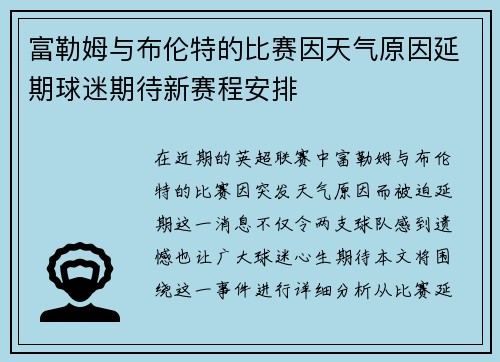 富勒姆与布伦特的比赛因天气原因延期球迷期待新赛程安排
