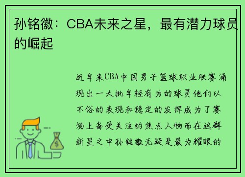 孙铭徽：CBA未来之星，最有潜力球员的崛起