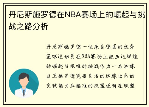 丹尼斯施罗德在NBA赛场上的崛起与挑战之路分析