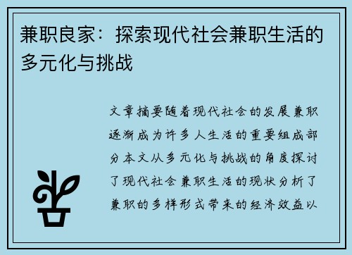 兼职良家：探索现代社会兼职生活的多元化与挑战
