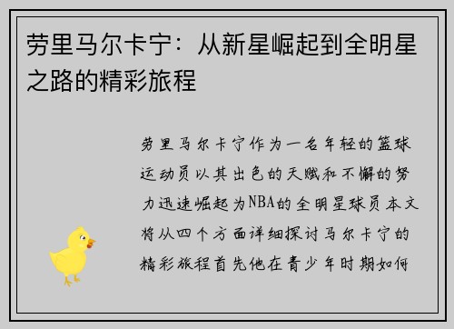 劳里马尔卡宁：从新星崛起到全明星之路的精彩旅程