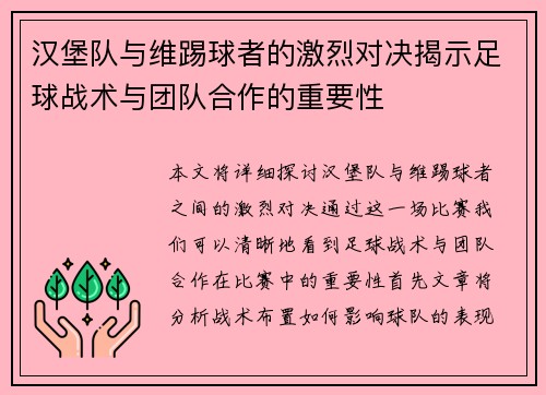 汉堡队与维踢球者的激烈对决揭示足球战术与团队合作的重要性
