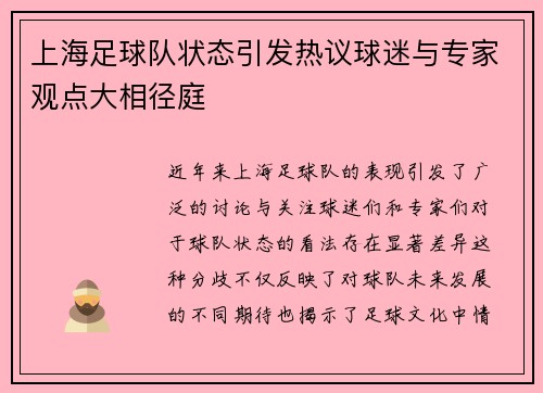 上海足球队状态引发热议球迷与专家观点大相径庭