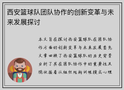 西安篮球队团队协作的创新变革与未来发展探讨