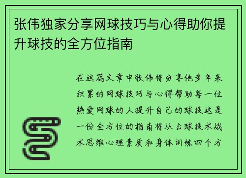 张伟独家分享网球技巧与心得助你提升球技的全方位指南