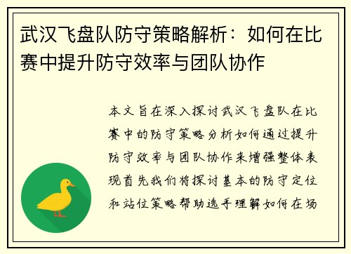 武汉飞盘队防守策略解析：如何在比赛中提升防守效率与团队协作